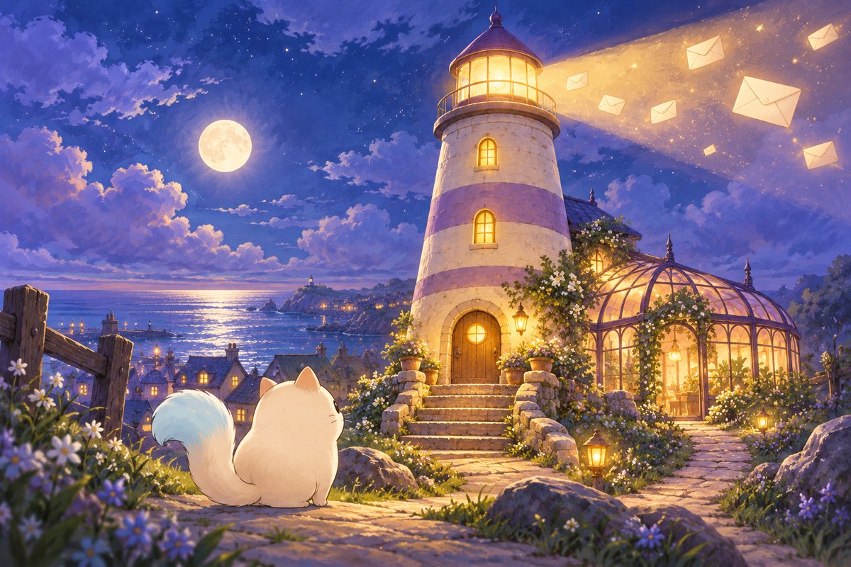 Yuki, petit chat blanc, devant le phare et ses deux chemins au clair de lune.