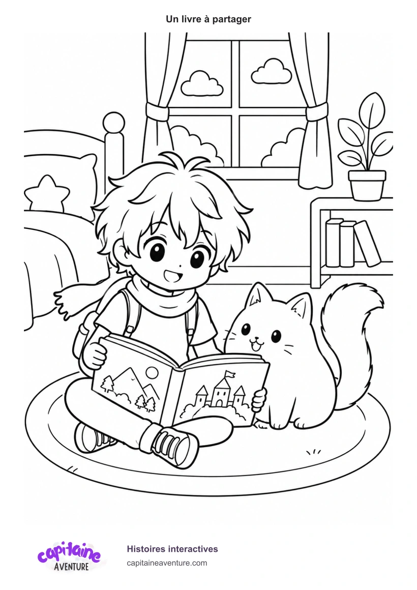 Coloriage en noir et blanc : le héros de Capitaine Aventure lit un livre avec Yuki dans une chambre. Grandes zones à colorier. Logo officiel et mention Histoires interactives en bas.