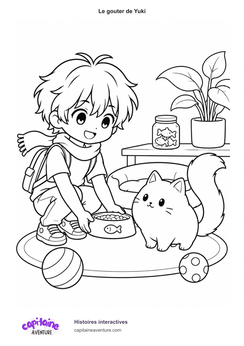 Coloriage en noir et blanc du héros donnant à manger au chat Yuki. Un panier, des jouets et une plante composent la scène. Logo Capitaine Aventure et Histoires interactives en pied de feuille.