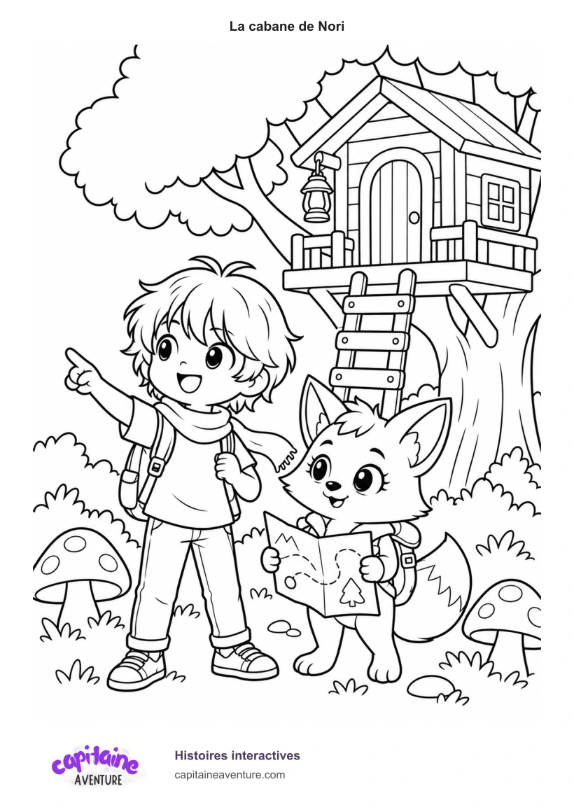 Coloriage du héros de Capitaine Aventure et de Nori, renard au sac à dos, devant une cabane dans un arbre. Logo officiel et Histoires interactives en bas.