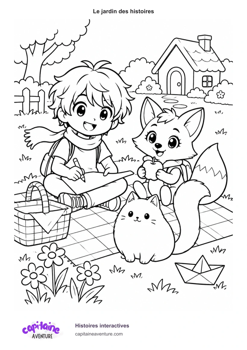 Dessin à colorier du héros dessinant au jardin avec Yuki et Nori, un panier de piquenique et un bateau de papier. Logo Capitaine Aventure et Histoires interactives en pied de page.