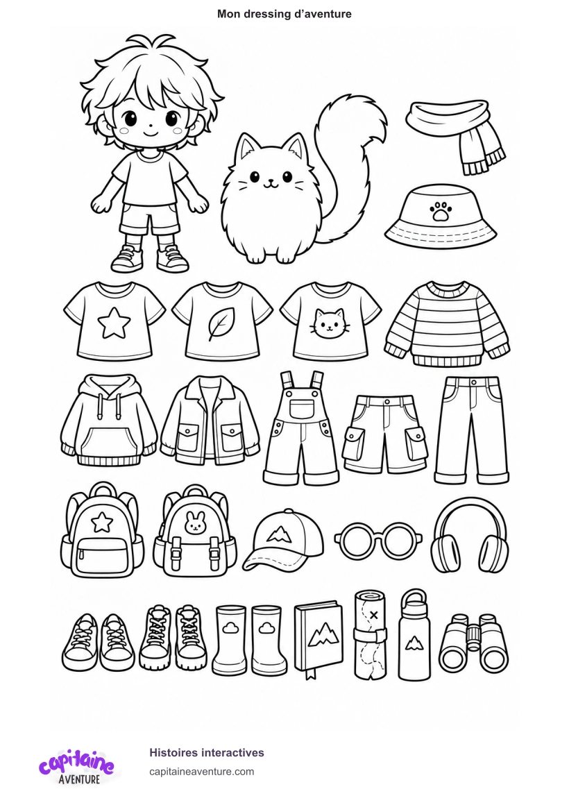 Coloriage du héros et de Yuki avec des vêtements, sacs, chaussures et accessoires séparés sur fond blanc.