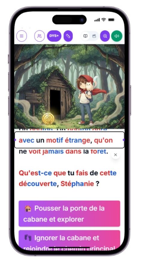 Mode DYS activé en lecture livre : texte en couleurs syllabiques et choix affichés en bas de l'écran