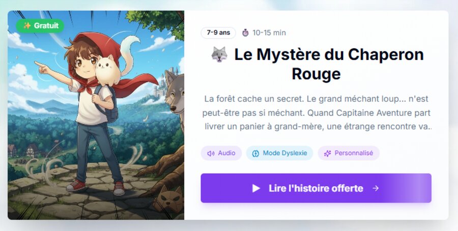 Interface d'une histoire interactive Capitaine Aventure : Le Mystère du Chaperon Rouge, 7-9 ans, avec bouton Lire l'histoire offerte