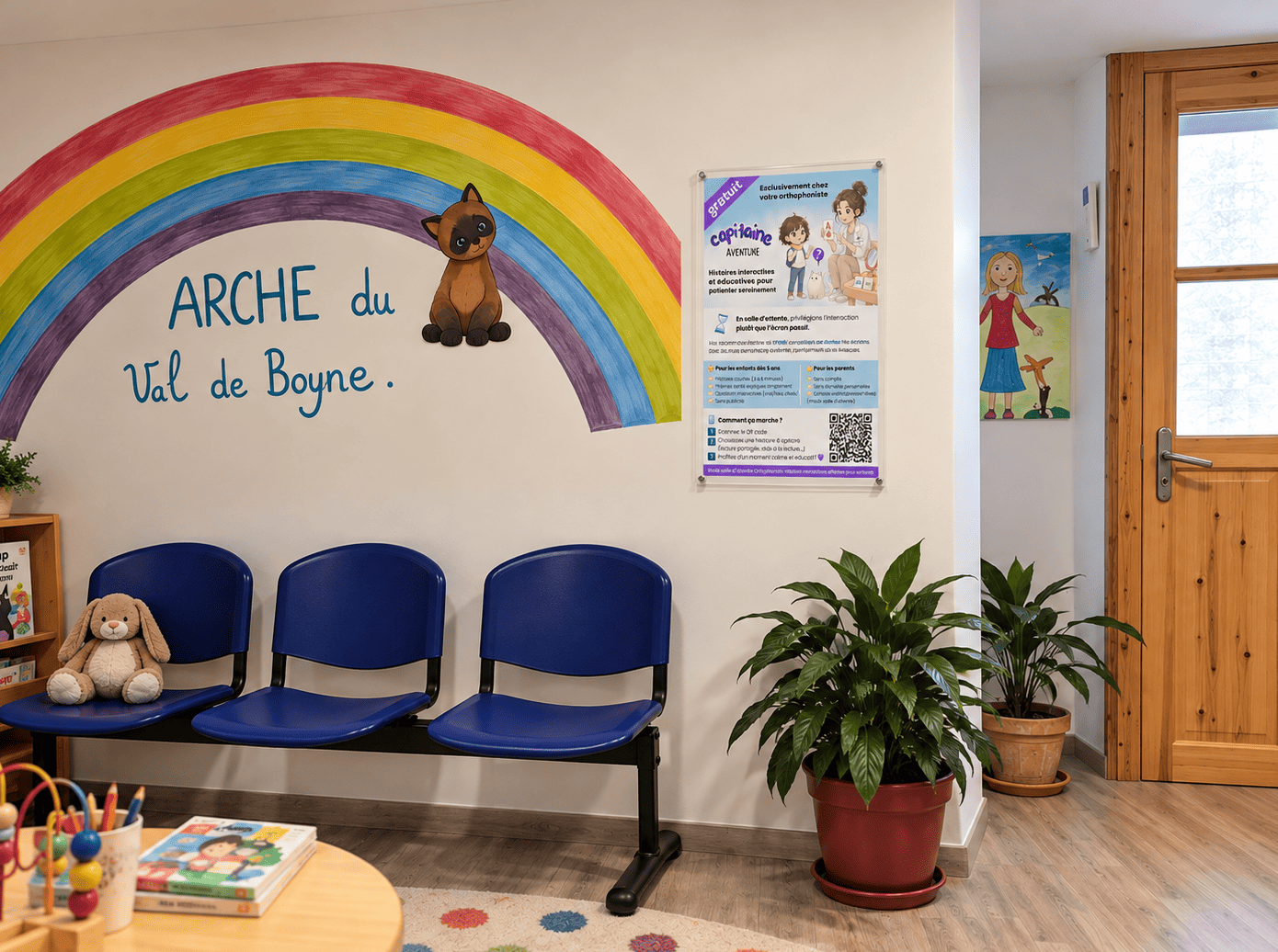 Affiche Capitaine Aventure avec QR code dans la salle d'attente de l'Arche du Val de Boyne à Nizas